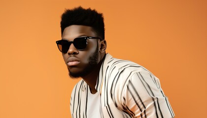 Fototapeta premium Black man wearing sunglasses isolated on orange background. Editorial photography of man during summertime wearing sunglasses and posing. Portrait of a black man with sunglasses on