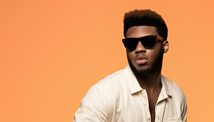 Fototapeta premium Black man wearing sunglasses isolated on orange background. Editorial photography of man during summertime wearing sunglasses and posing. Portrait of a black man with sunglasses on