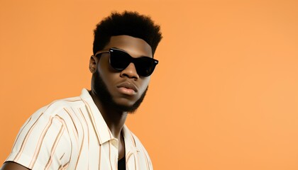 Fototapeta premium Black man wearing sunglasses isolated on orange background. Editorial photography of man during summertime wearing sunglasses and posing. Portrait of a black man with sunglasses on
