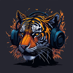 Obraz premium A sleek illustration of a stylish tiger wearing headphones, perfect for a bold and modern t-shirt design.
