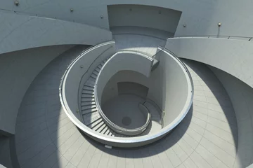 Poster 3D illustration of a spiral staircase in Brutalist style. The raw concrete structure spirals downwards, with sunlight casting shadows on each step. © Valeriy