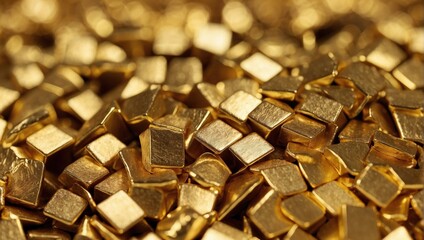 Close-up of shimmering gold metal cubes piled together, creating a luxurious and textured golden...