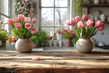 Wooden board, table with vase with tulips. Part of the table is empty for product installation. Easter time.Mockup