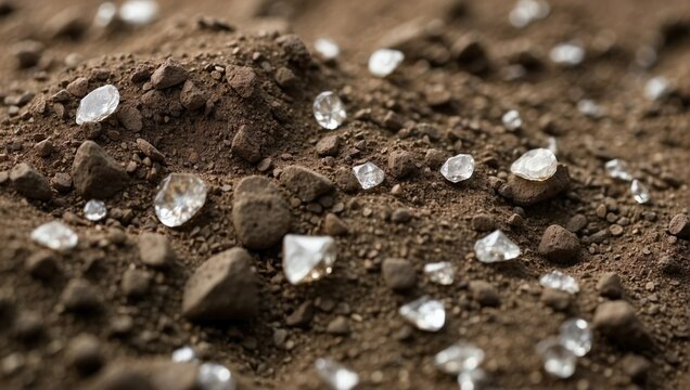 Macro shot of rough dirt texture with small, uncut diamonds scattered amongst the earth, evoking natural treasure.