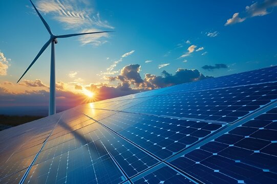 a wind turbine and solar panels near the sky, near sunset