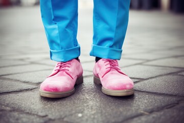 hipster guy wearing suede pink shoes and blue pants or trousers standing in the street. Footwear close up. Fashion and style. - Powered by Adobe