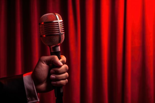 Microphone in hand with red curtains background copy space right. Stand up comedy on stage and open mic show. Karaoke singing.