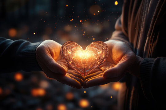 Elderly people hold a red heart in their hands.People, age, family, love and health care concept