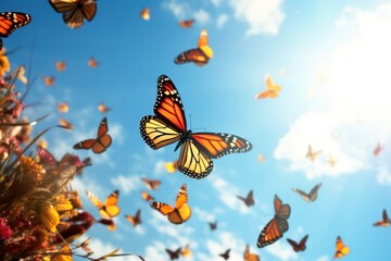 monarch butterflies flying in the blue sky. Monarchs butterfly species migration in nature.