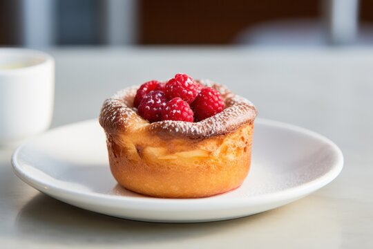raspberry popover pastry closeup on white plate in minimal cafe or kitchen