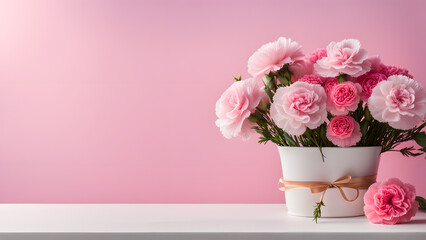 Carnation pink background, suitable for Mother's Day, International Women's Day, and other similar celebrations. Space for text. Podium for product.