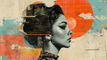 Mixed media collage combining vintage photographs with modern digital illustrations, surrealistic and abstract theme