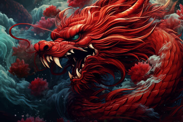 Fototapeta na wymiar traditional red chinese dragon for chinese new year 2024, chinese lucky dragon symbol, Lùhng, ryū, 龍/竜, yong, 용, mungkorn, มังกรจีน, rồng, generative AI