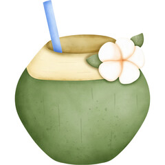  Watercolor image of coconut water inside a coconut.