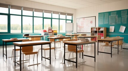 Inside a Classroom, Where Desks Stand in Orderly Rows, Awaiting Students Arrival