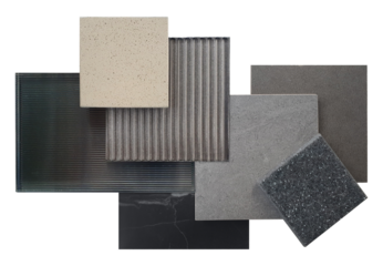 combination of interior material samples for modern loft style concept including corrugated glasses, grainy quartz, stone ceramic tiles, black marble isolated on background with clipping path.