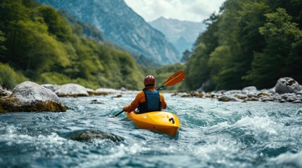 kayaker with whitewater kayaking, down a white water rapid river in the mountain - obrazy, fototapety, plakaty