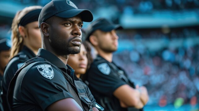 Security group with team security background. Security focus in football stadium