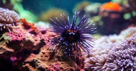 Naklejka na ściany i meble Coral Guardian - The Black Long-Spine Urchin, Diadema Setosum, An Enigmatic Resident of the Sea