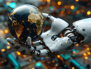 The robot holds the planet Earth in his hand on a digital background. The spread of digital technologies around the world. Development of robotization.