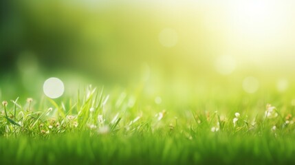 Obraz premium Beautiful wide format image of a pristine forest lawn with fresh grass. Neural network AI generated art