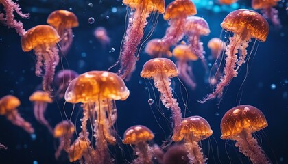 Fototapeta na wymiar Jellyfish. Many colorful neon jellyfish underwater. Sea life. Selective focus. AI generated