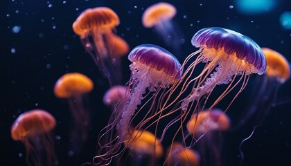 Fototapeta premium Jellyfish. Many colorful neon jellyfish underwater. Marine life. Selective focus. AI generated