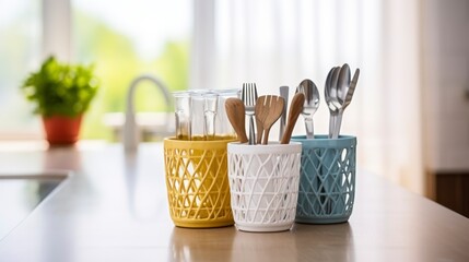 Fototapeta na wymiar A Lattice Container Artfully Filled with Kitchen Essentials, Positioned on a Large Kitchen Table