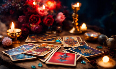 Accessories and candles for fortune telling on the table. Selective focus. - obrazy, fototapety, plakaty