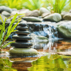 Obraz na płótnie Canvas Zen_stones_and_water_in_a_peaceful_green_garden