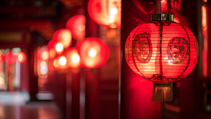 Fototapeta premium Festive Radiance: Chinese Style Red Lantern on a Red Background