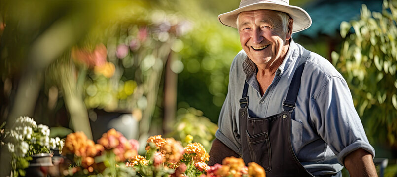 Happy Elderly senior man gardener background image