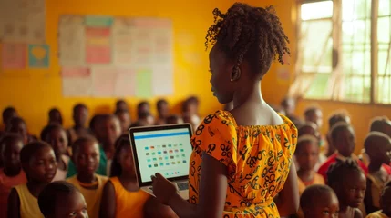 Abwaschbare Fototapete African Teacher Using Tablet in Classroom © khwanchai