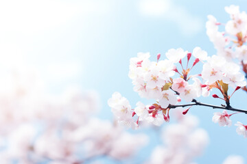 Spring banner, branches of blossoming cherry against background of blue sky. Beautiful nature scene with blooming tree and sun flare.