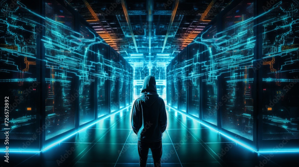 Aufkleber silhouette of a male hacker in a server room. neural network ai generated art