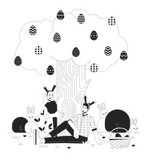 Easter egg hunting black and white 2D illustration concept. Caucasian couple wearing bunny ears in yard cartoon outline characters isolated on white. April Eastertime metaphor monochrome vector art