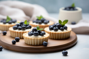 Vanilla tartlets with blueberry berries on light background - obrazy, fototapety, plakaty