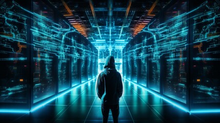 Silhouette of a male hacker in a server room. Neural network AI generated art