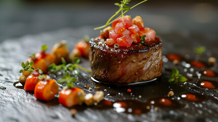 Cute cut of steak with garnish on a black plate.  - obrazy, fototapety, plakaty