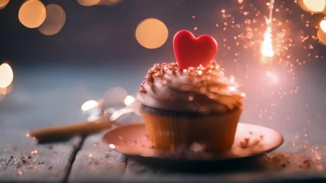 Beautiful delicious cupcake with a burning candle for a birthday celebration on a colored background close-up, generated ai