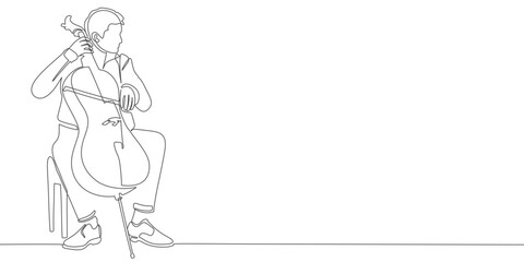 continuous line of musician playing the cello.line drawing of a man playing the cello.line art of performing cello music © sense