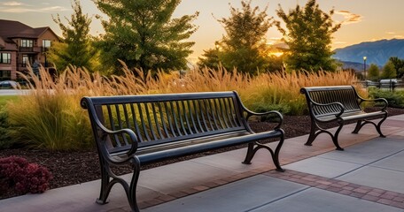 Obraz premium Sturdy Metal Benches Gracing a Beautiful Park with a Panoramic View of Homes, Mountains, and a Clear Sky