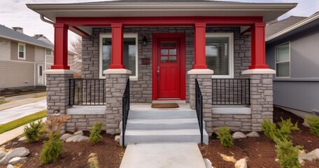 Picturesque Entrance - A Panoramic View of a Pitched Roof Over a Vibrant Red Door, Flanked by Pillars and Railings, on a Small Porch