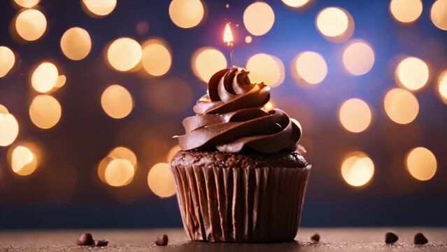 Beautiful delicious cupcake with a burning candle for a birthday celebration on a colored background close-up, generated ai