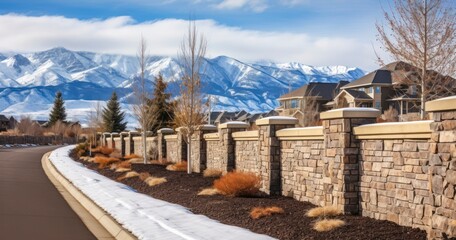 A Road Lined with a Stone Brick Fence, Offering Views of Snowy Peaks and a Cloudy Sky in a Scenic Neighborhood