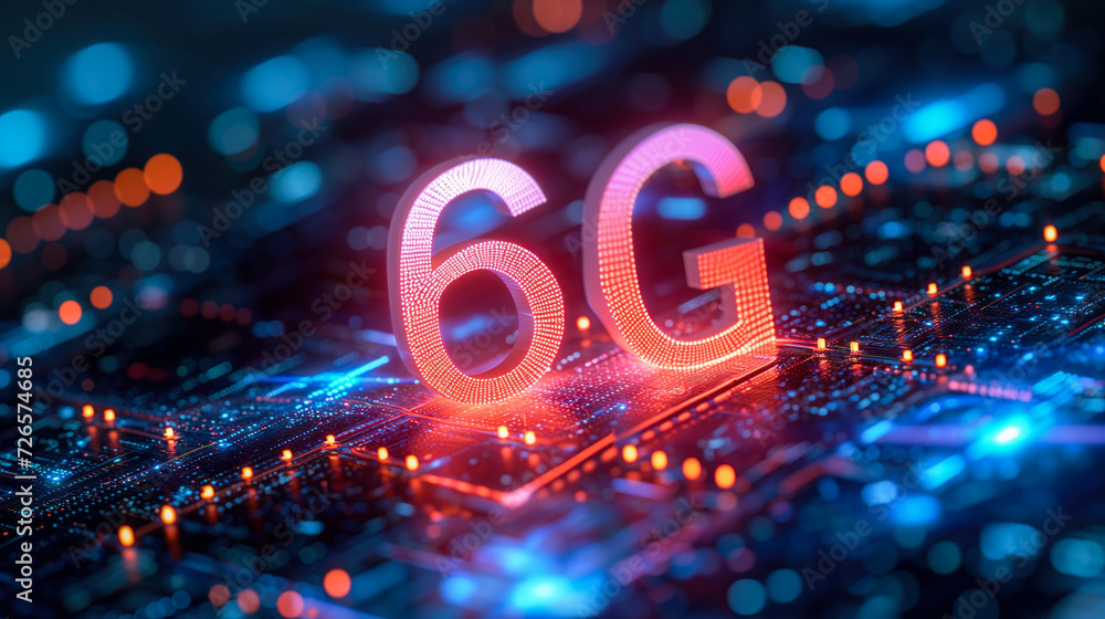 Poster close-up of 6g text illuminated on electronic circuit board signifying advanced sixth-generation net