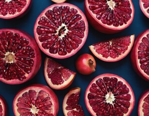 pomegranates slices close to each other on dark blue canvas