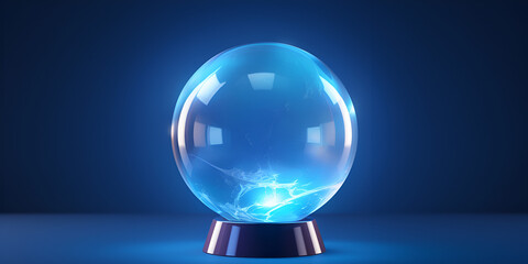crystal ball on blue, Unveils the Beauty of Crystal on Blue, a mystical glass sphere, Shiny blue glass ball sphere reflects glowing,  Generative AI