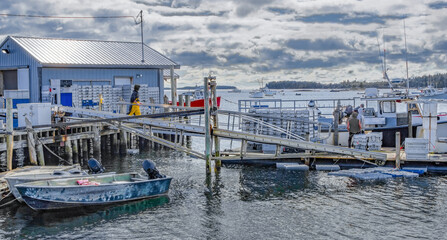 Lobster Dock:  A fishing boat at a working New England dock unloads lobsters in holding crates which are later submerged near the pier.
 - Powered by Adobe