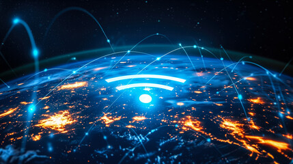 Global Wi-Fi Network Connectivity Concept Illustrating a High-Speed Wi-Fi 7 Symbol Over a Glowing Earth with Network Lines and City Lights